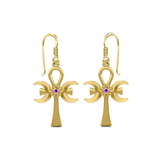 A breath of life ~ Solid Yellow Gold Triple Goddess Ankh Hook Earrings with Gemstone GER1708