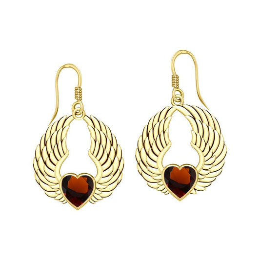 Gemstone Heart and Angel Wings Solid Yellow Gold Earrings GER1742