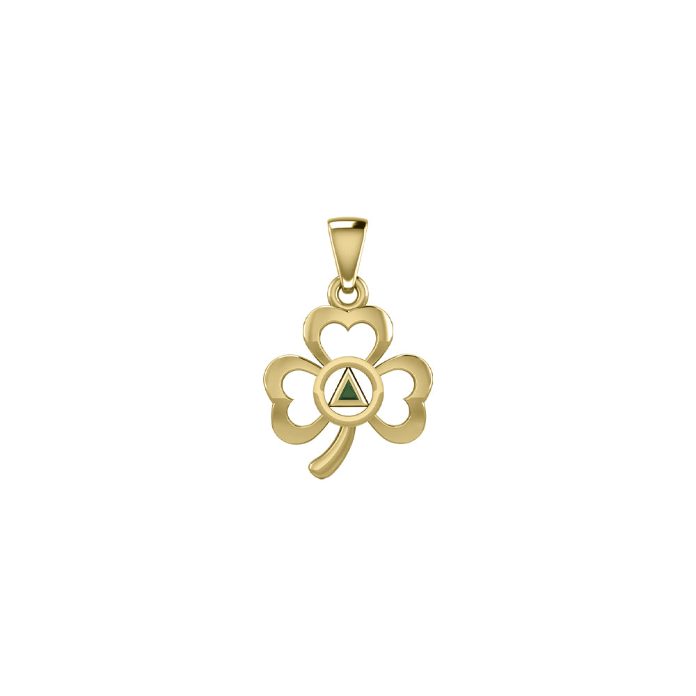 Solid Yellow Gold Celtic Shamrock Pendant with Inlaid Recovery Symbol GPD5322