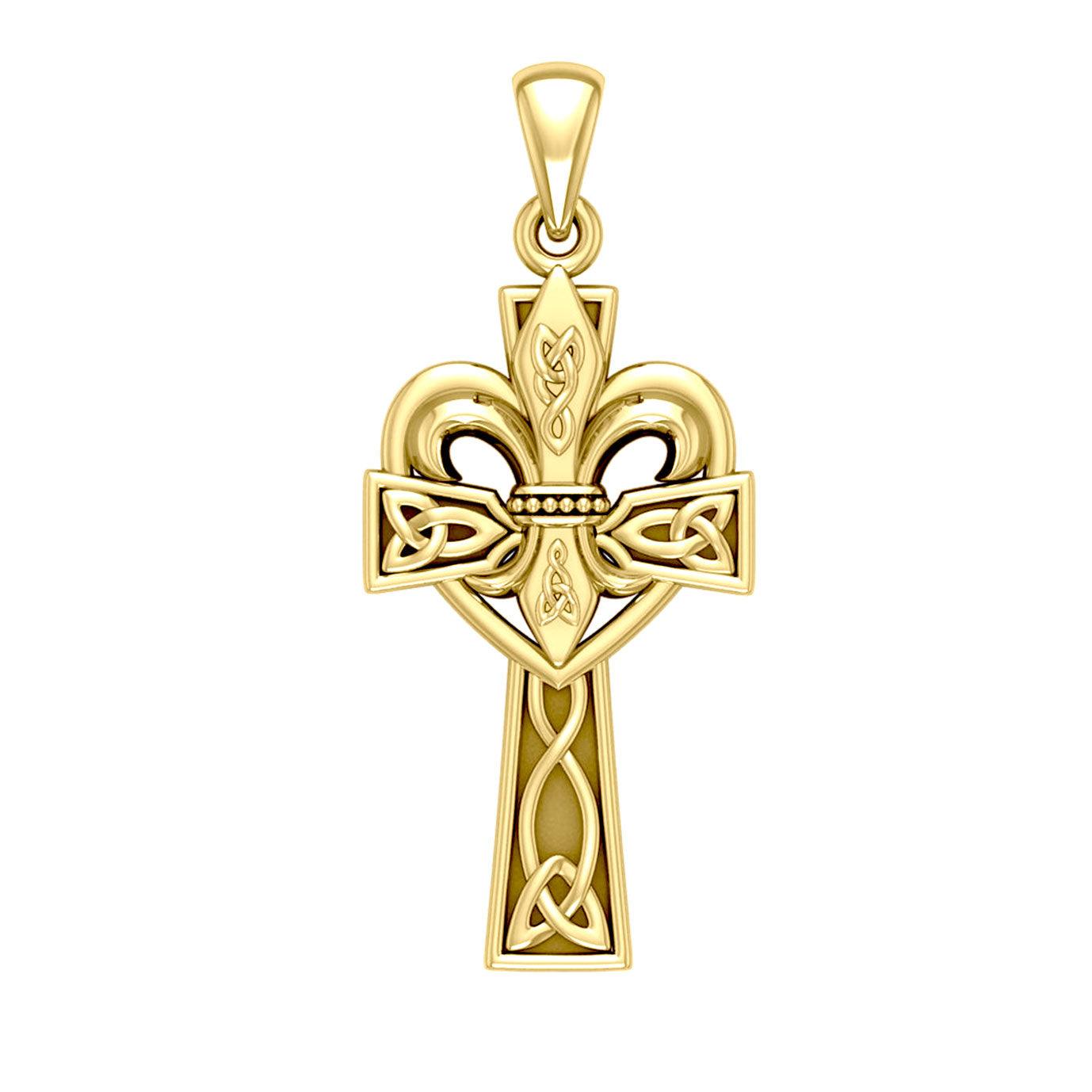 A powerful combination of Celtic elements ~ 14K Solid Gold Jewelry Pendant in Fleur-de-Lis and Celtic Cross GPD5994