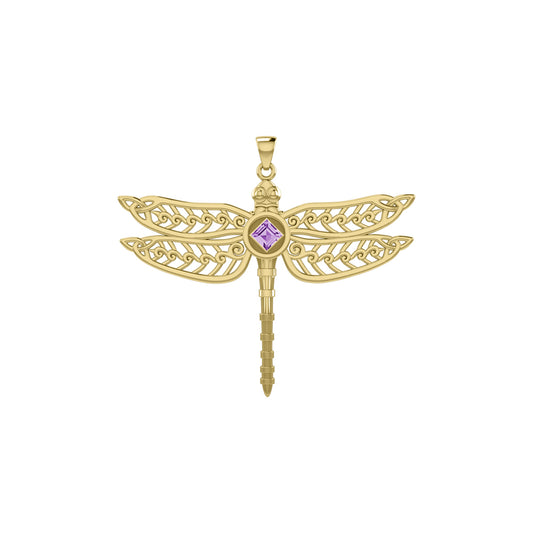 Dragonfly with Facet Gemstone NA Symbol Solid Yellow Gold Pendant GPD6163