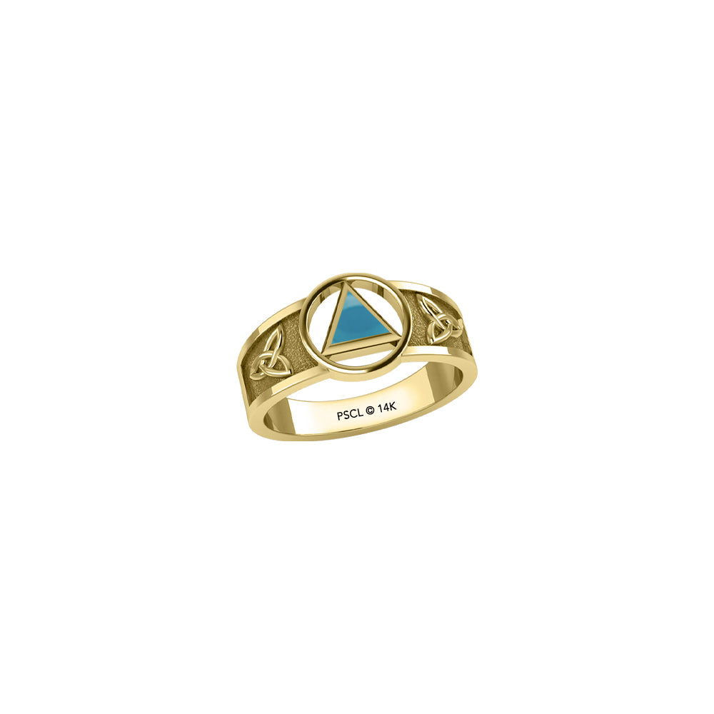 Solid Yellow Gold Celtic Trinity Knot Ring with Inlaid Stone Recovery Symbol GRI1931