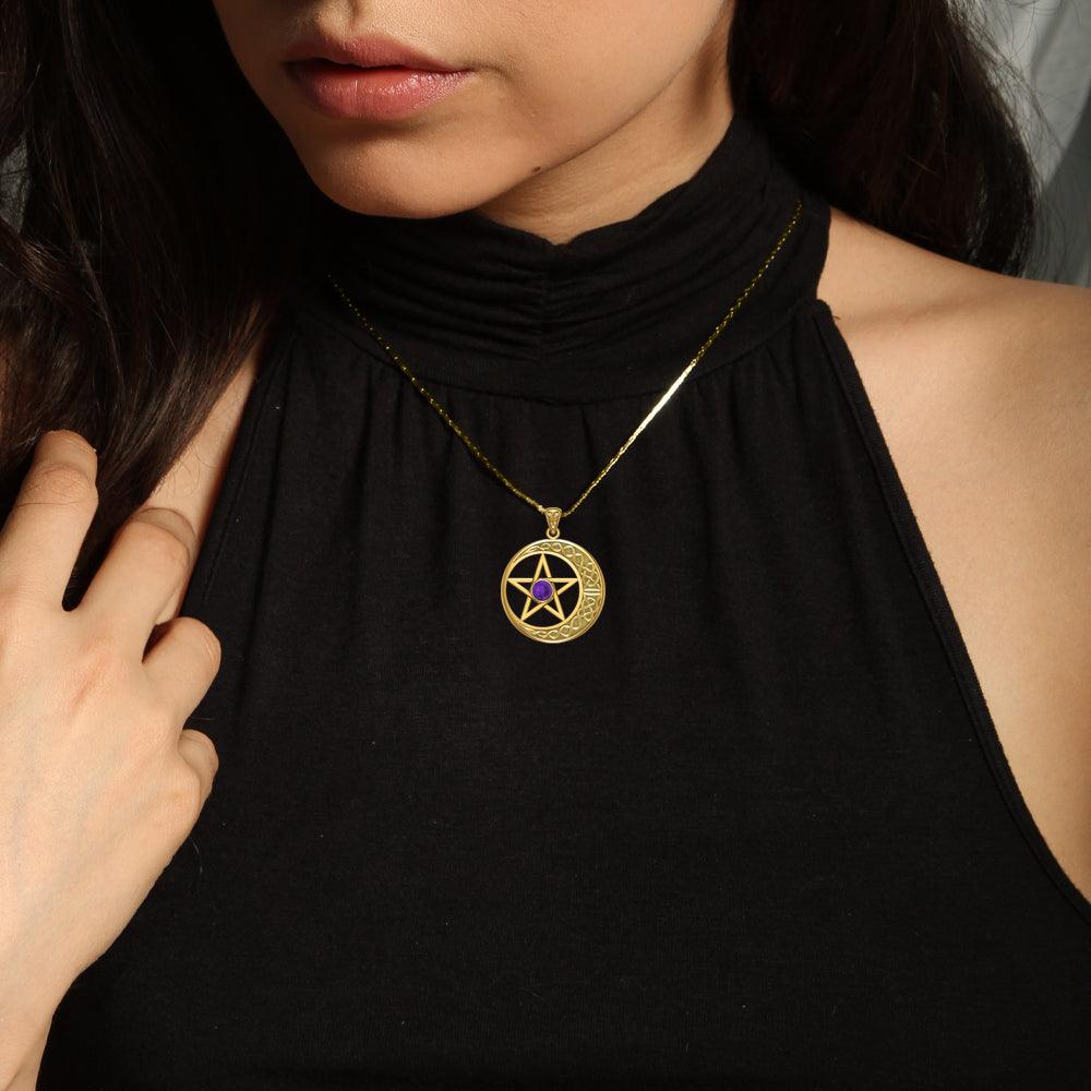 Celtic Crescent moon with Pentacle Yellow Gold Pendant GTP474