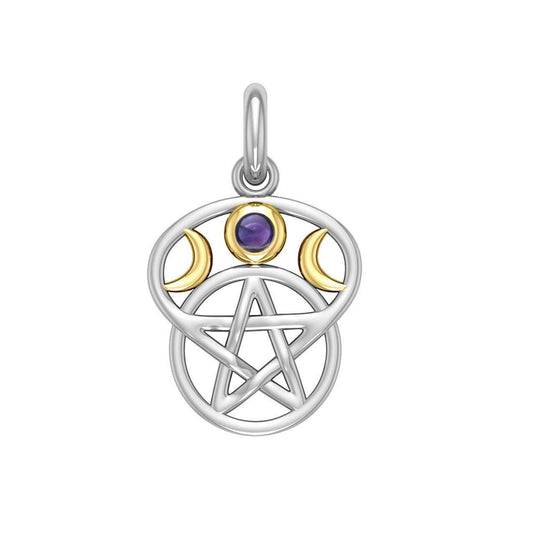 Moon with Pentacle Silver and Gold Accent Pendant MPD832 - peterstone.dropshipping