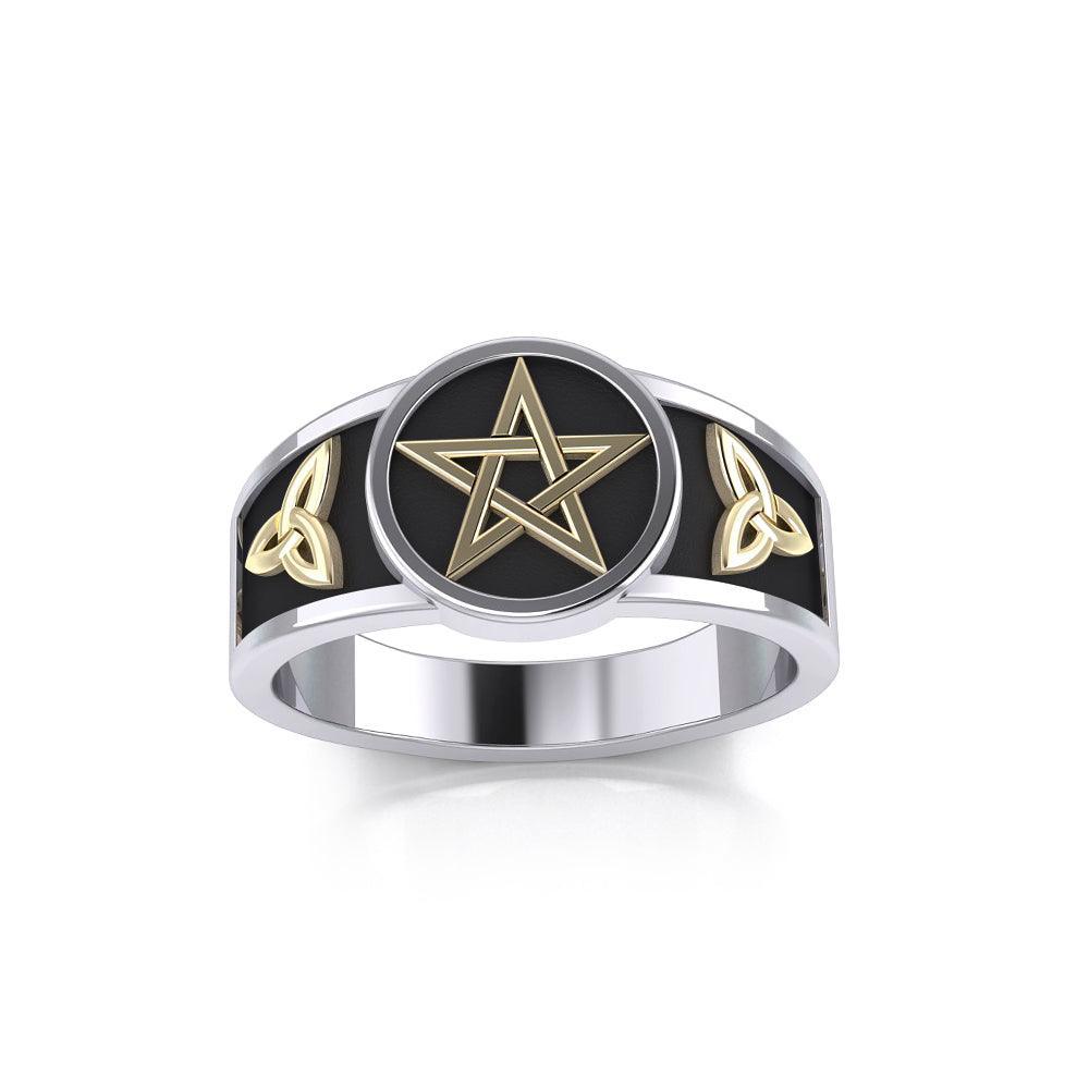 Pentacle with Trinity Knot Silver and 14K Gold Accent Ring MRI2103 - peterstone.dropshipping