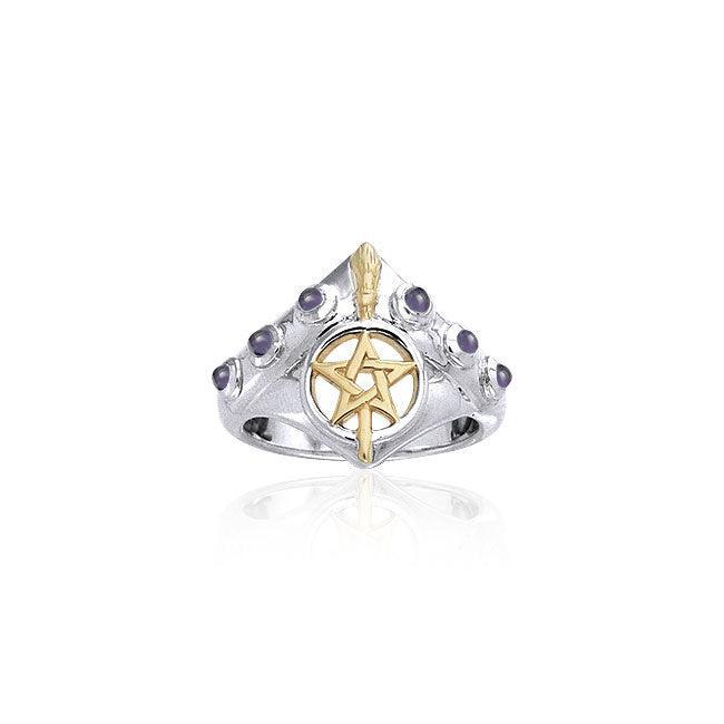 Broomstick & Pentagram Silver and 18K Gold Accent Ring MRI343 - peterstone.dropshipping