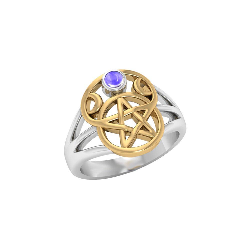 Silver and Gold Pentagram Ring with Gem MRI485 - peterstone.dropshipping