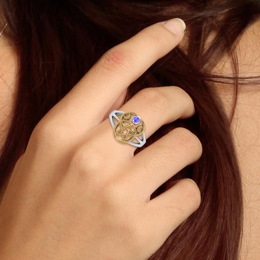 Silver and Gold Pentagram Ring with Gem MRI485 - peterstone.dropshipping