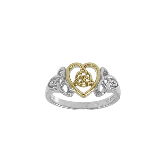 Celtic Knotwork Trinity Heart Sterling Silver with 14K Gold Accent Ring MRI873