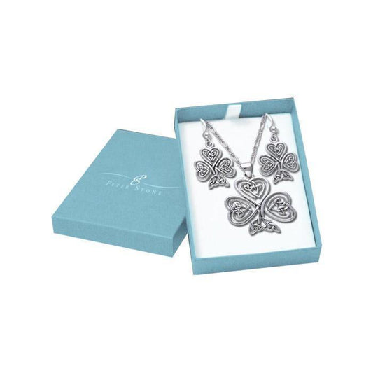 Silver Celtic Shamrock Pendant Chain and Earrings Box Set SET021