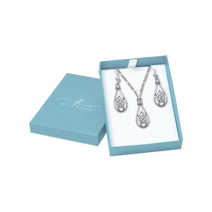 Silver Teardrop Celtic Knotwork Pendant Chain and Earrings Box Set SET041