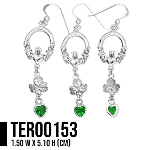 Celtic Claddagh Shamrock Emerald Glass Hearts Silver Earrings TER153