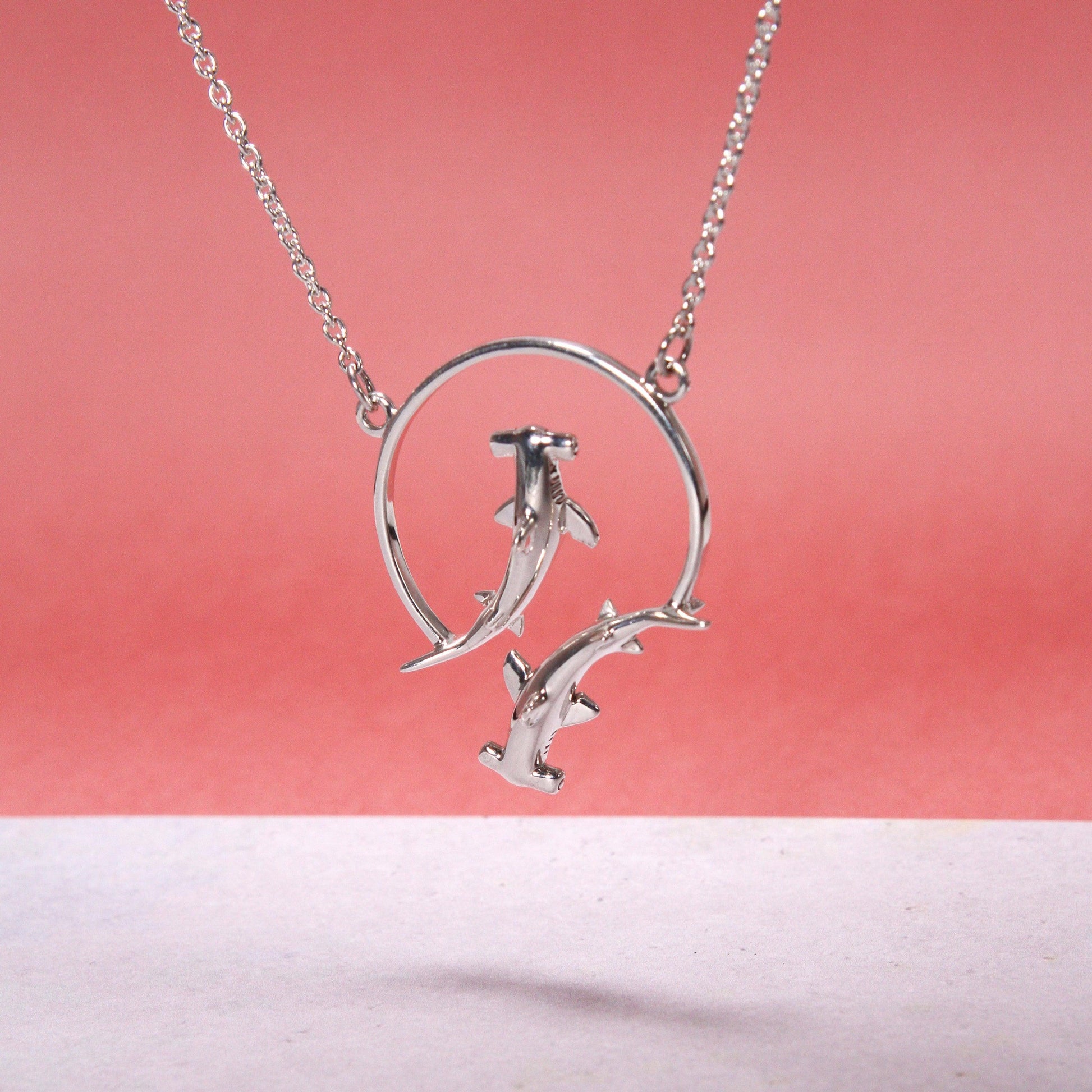 Double Hammerhead Shark Sterling Silver Necklace TNC434 - peterstone.dropshipping