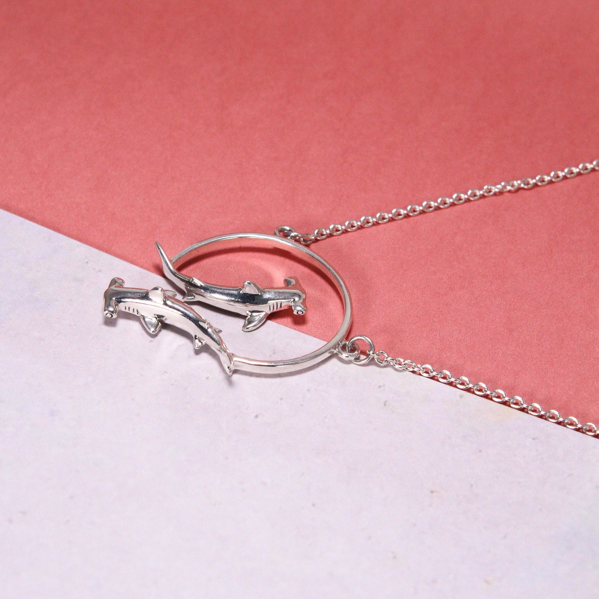 Double Hammerhead Shark Sterling Silver Necklace TNC434 - peterstone.dropshipping