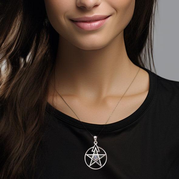 The Third Degree Pentacle Silver Pendant with Gemstone and Inlaid TP3115 - peterstone.dropshipping