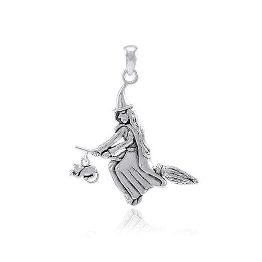 A bewitching moonlight ride ~ Witch on Broomstick Sterling Silver Pendant TPD088 - peterstone.dropshipping