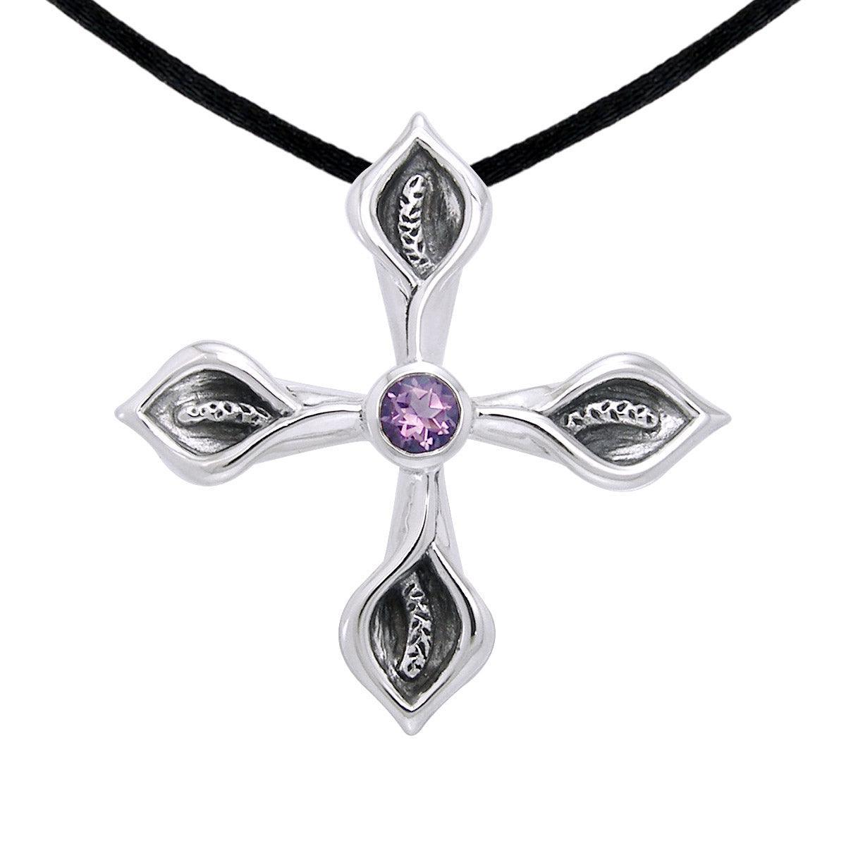 Calla Lily Cross Silver Pendant with Gemstone TPD3392 - peterstone.dropshipping