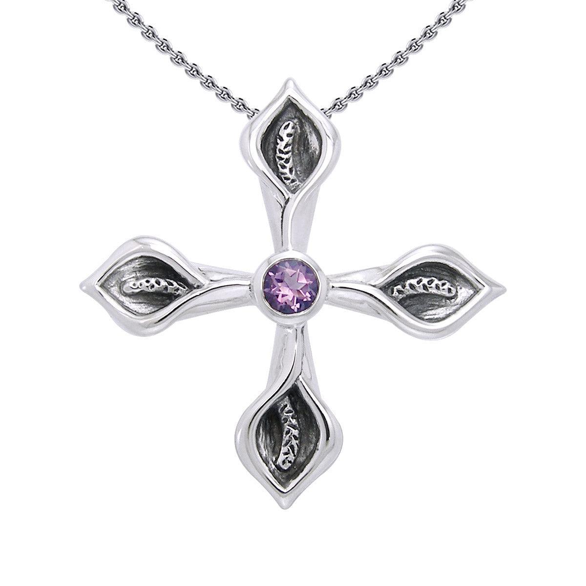 Calla Lily Cross Silver Pendant with Gemstone TPD3392 - peterstone.dropshipping