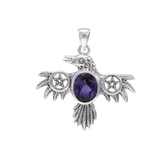 Raven with Pentacle Wings and Gemstone Silver Pendant TPD4332 - peterstone.dropshipping