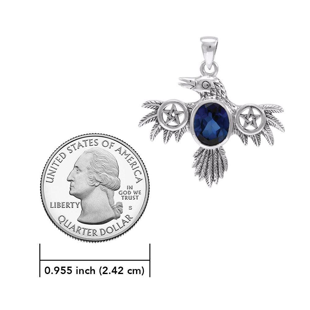 The Silver Raven Pendant with a Pentacle at the Wing and an Oval Gemstone TPD4332 - peterstone.dropshipping