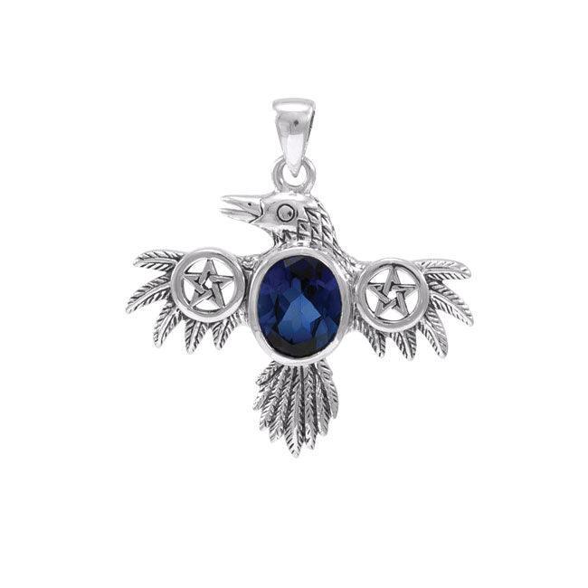 The Silver Raven Pendant with a Pentacle at the Wing and an Oval Gemstone TPD4332 - peterstone.dropshipping