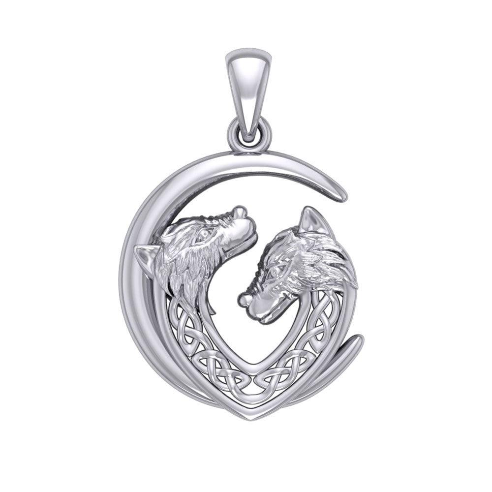 Double Celtic Wolves with Crescent Moon Silver Pendant TPD6042 - peterstone.dropshipping