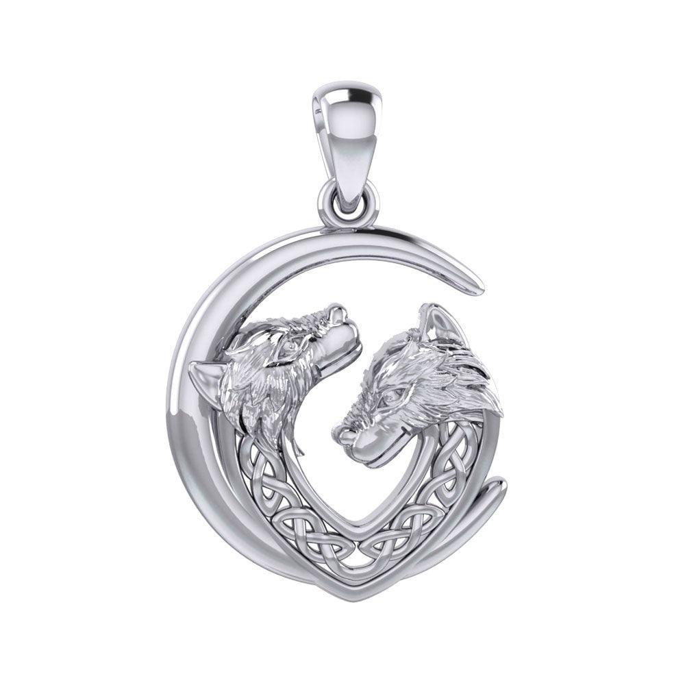 Double Celtic Wolves with Crescent Moon Silver Pendant TPD6042 - peterstone.dropshipping