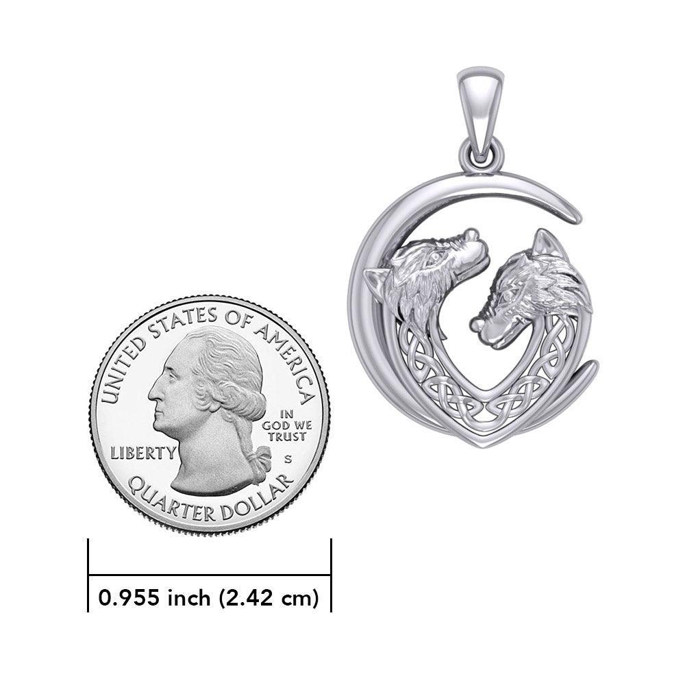 Double Celtic Wolves with Crescent Moon Silver Pendant TPD6042 - peterstone.dropshipping