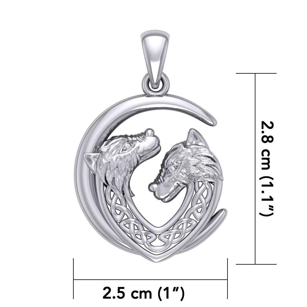 Double Celtic Wolves with Crescent Moon Silver Pendant TPD6042 - peterstone.dropshipping