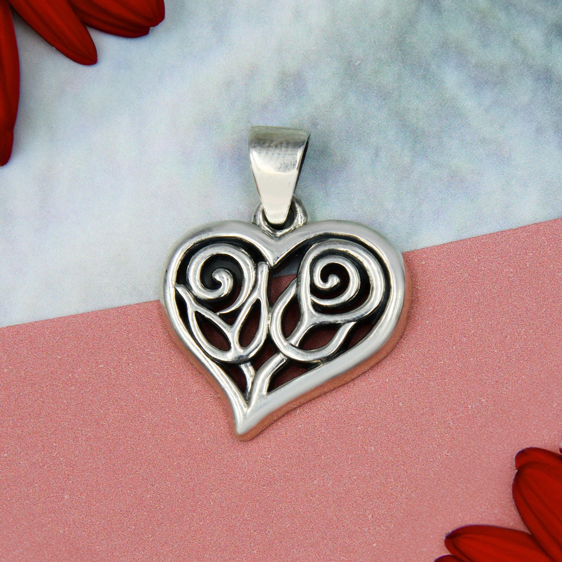 Double Roses in Heart Silver Pendant TPD6047 - peterstone.dropshipping