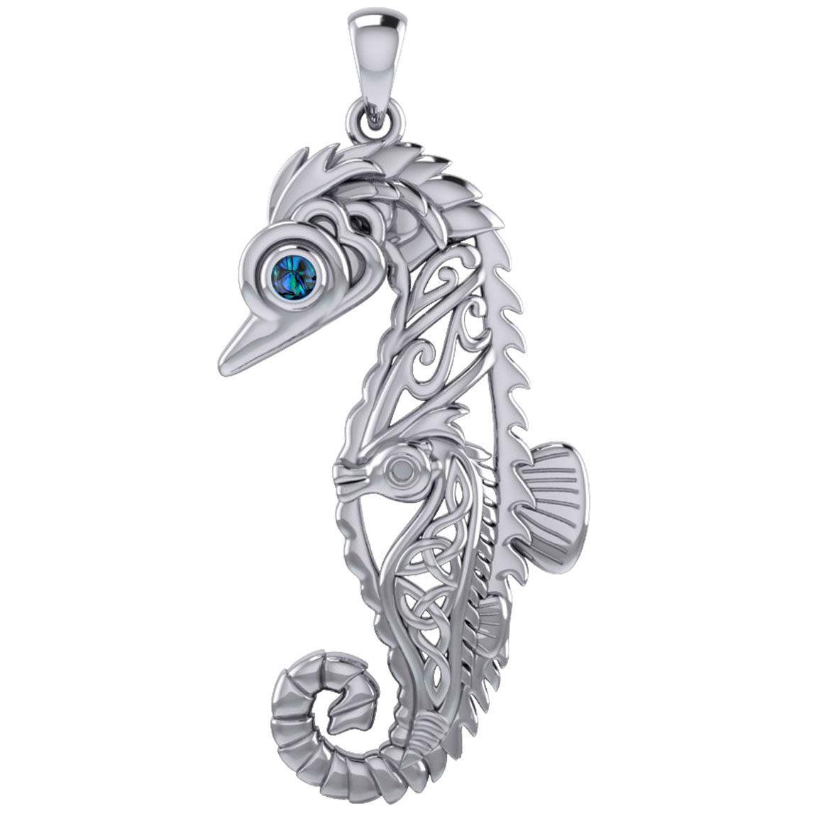 Large Seahorse Silver Pendant with Small Celtic Seahorse inside TPD6121 - peterstone.dropshipping