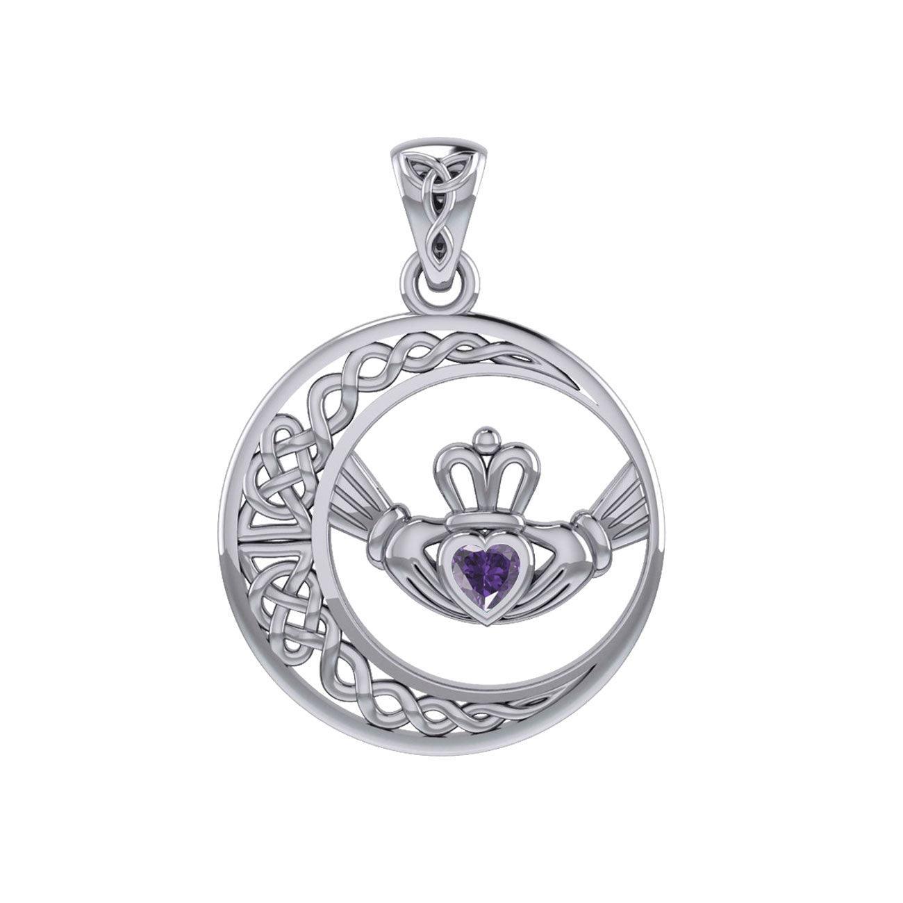 Celtic Crescent Moon and Claddagh with Heart Gemstone Silver Pendant TPD6127 - peterstone.dropshipping