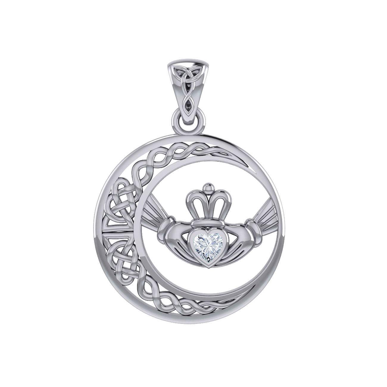 Celtic Crescent Moon and Claddagh with Heart Gemstone Silver Pendant TPD6127 - peterstone.dropshipping