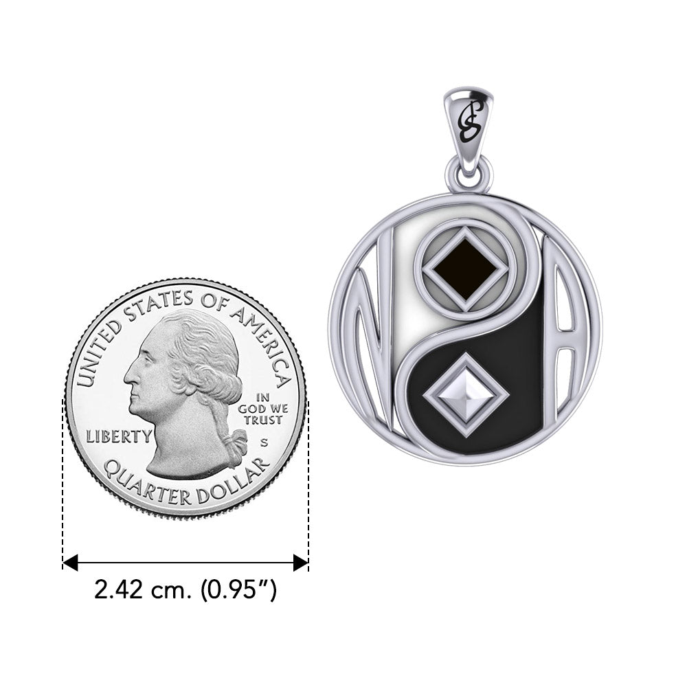 Balancing Yin Yang With NA Recovery Symbol Sterling Silver Pendant with Black and White EnamelTPD6352