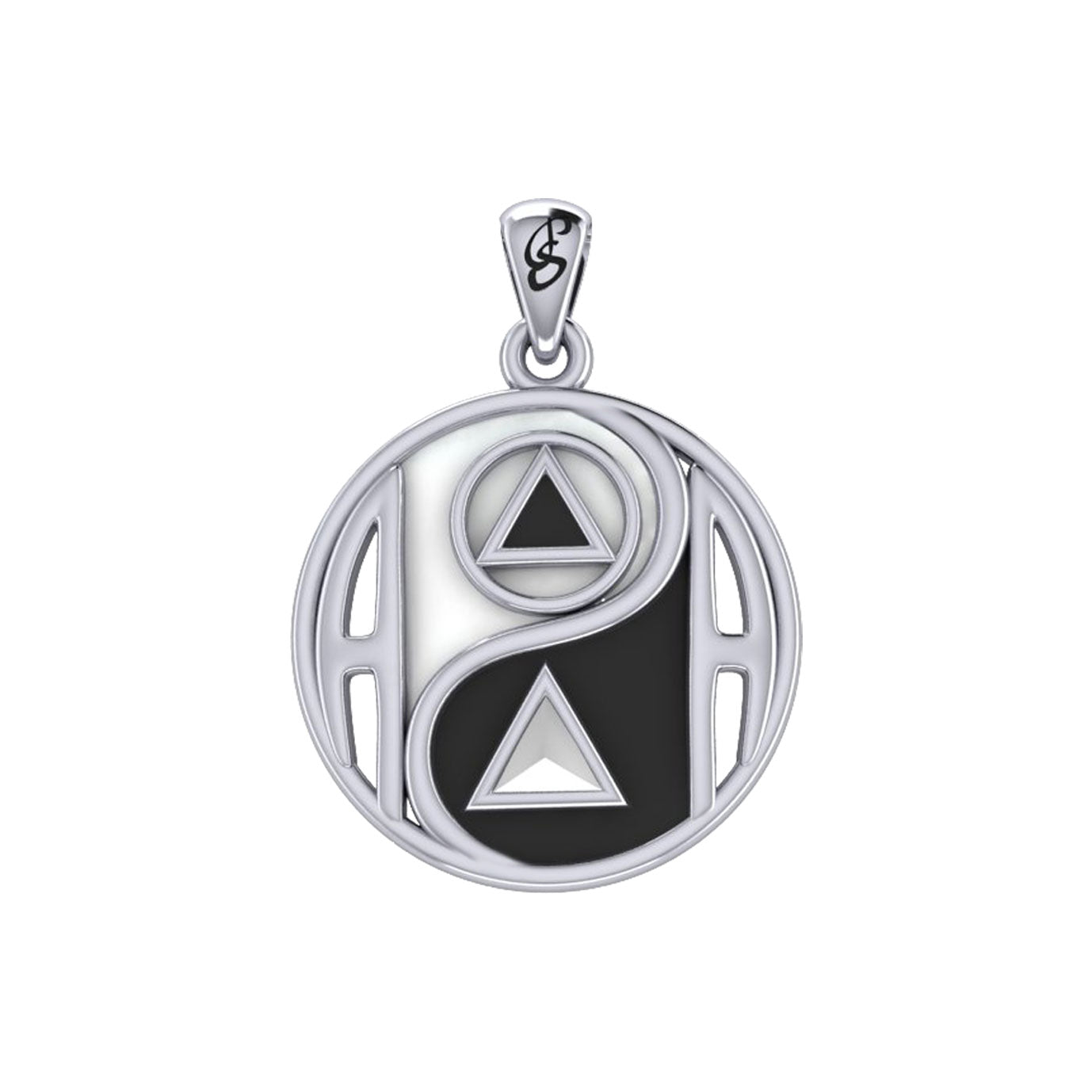 Balancing Yin Yang With AA Recovery Symbol Sterling Silver Pendant with Black and White Enamel TPD6353