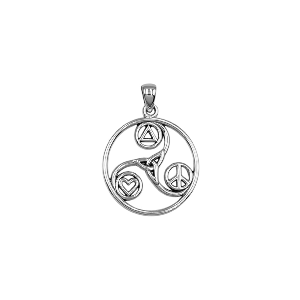 Celtic Triskele with Peace Heart and Recovery Symbols Silver Pendant TPD7016