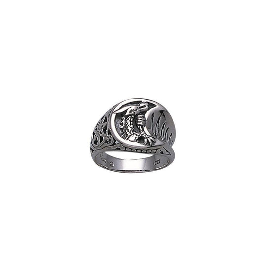 Dragon in Crescent Moon with Pentacle Sterling Silver Ring TR1502