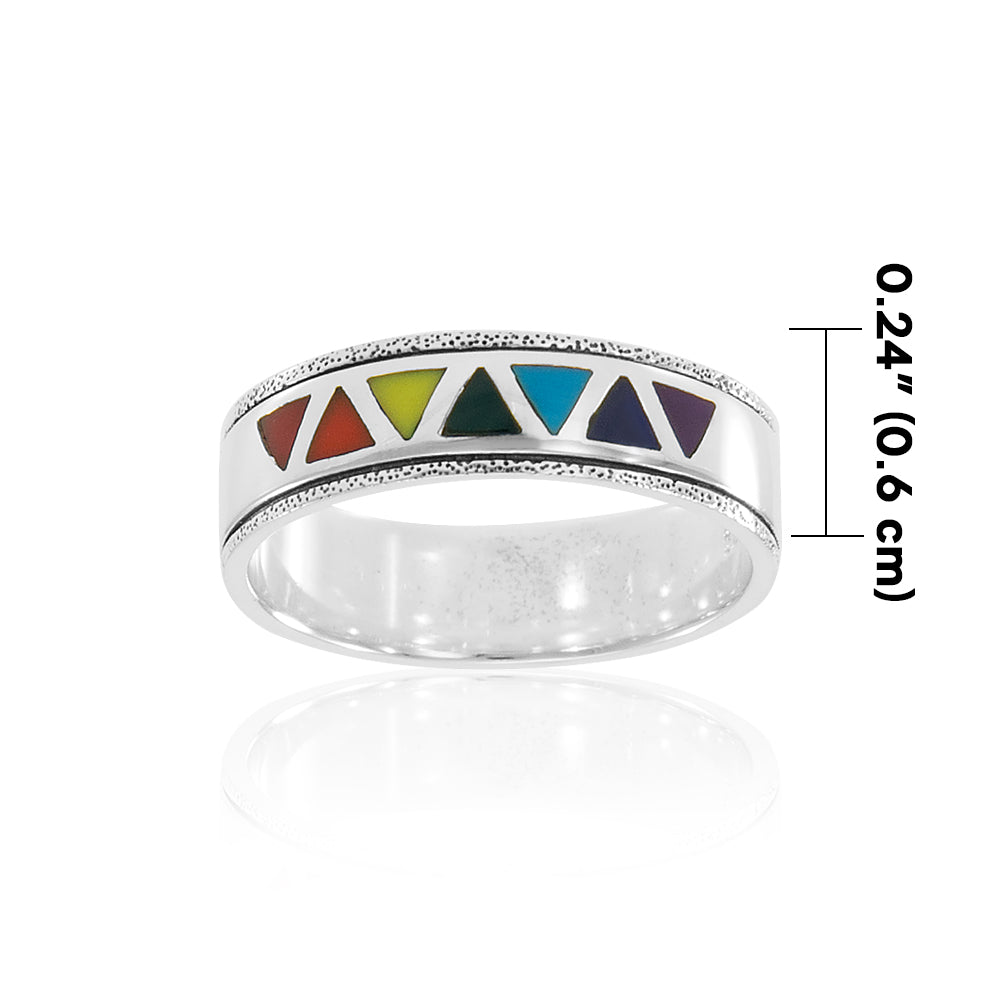 Rainbow Triangles Inlaid Sterling Silver Band Ring TR1843