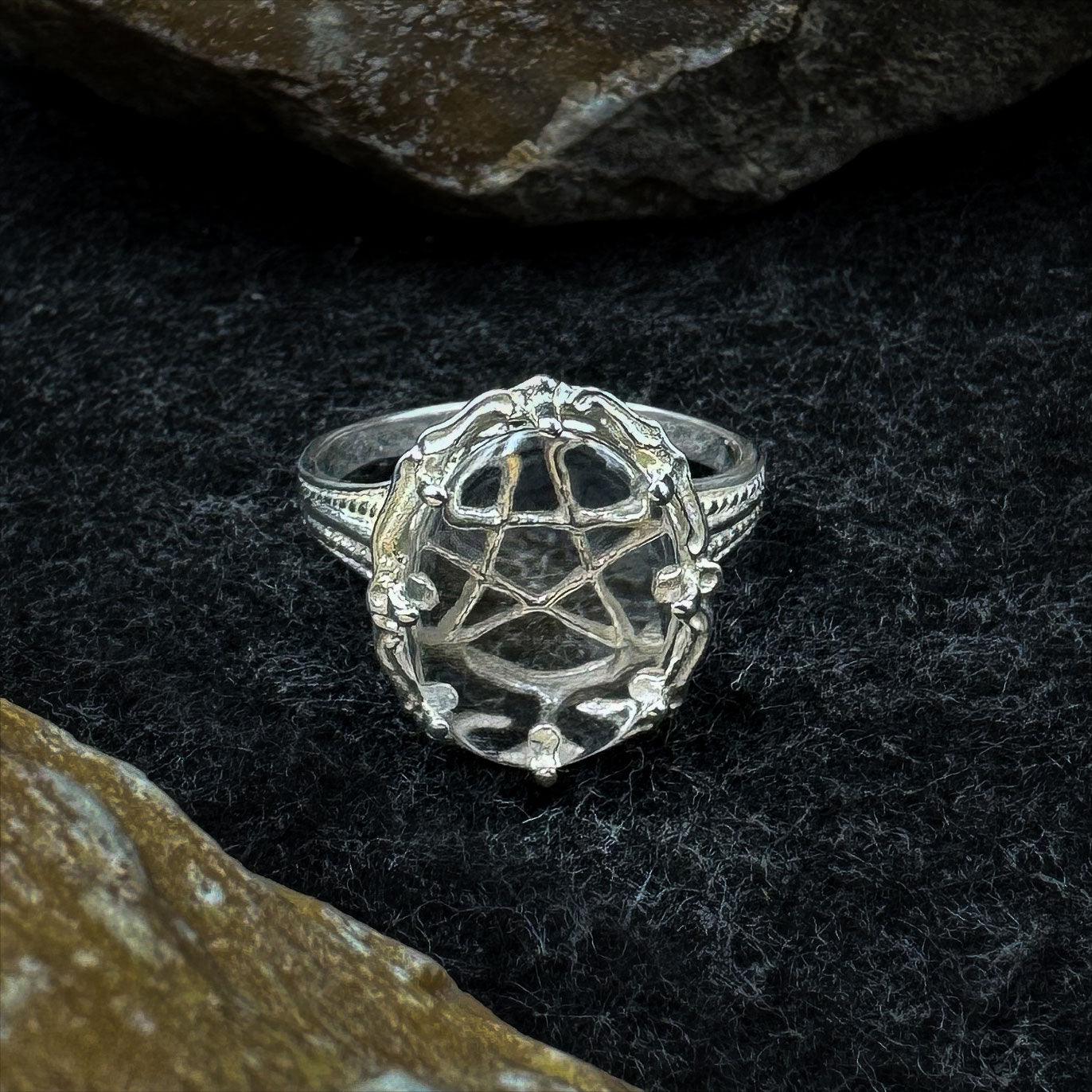 A Hidden Pentagram Silver Ring with Genuine White Quartz TR3765