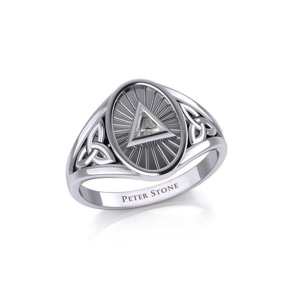 Silver Celtic Trinity Knot Ring with Inlaid Recovery Symbol TRI1930