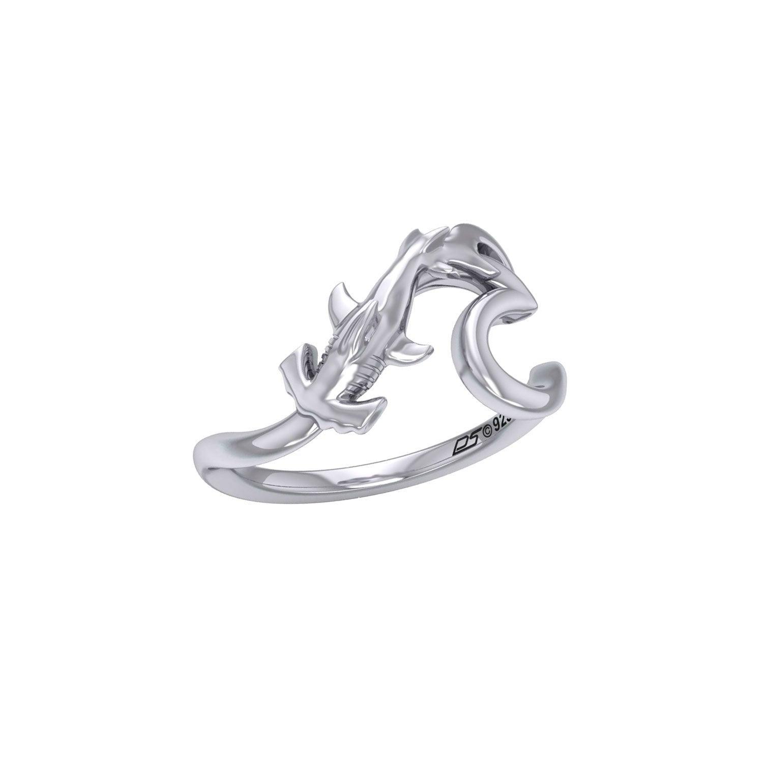 Hammerhead Shark with Wave Silver Ring TRI2428 - peterstone.dropshipping