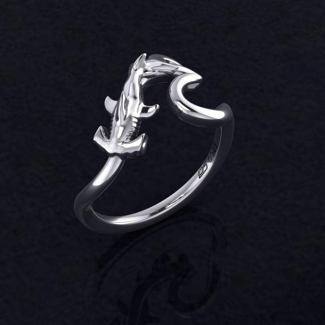 Hammerhead Shark with Wave Silver Ring TRI2428 - peterstone.dropshipping