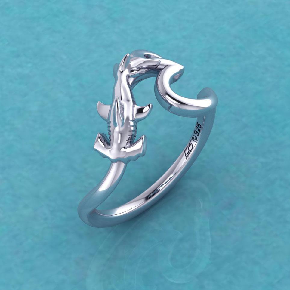 Hammerhead Shark with Wave Silver Ring TRI2428 - peterstone.dropshipping