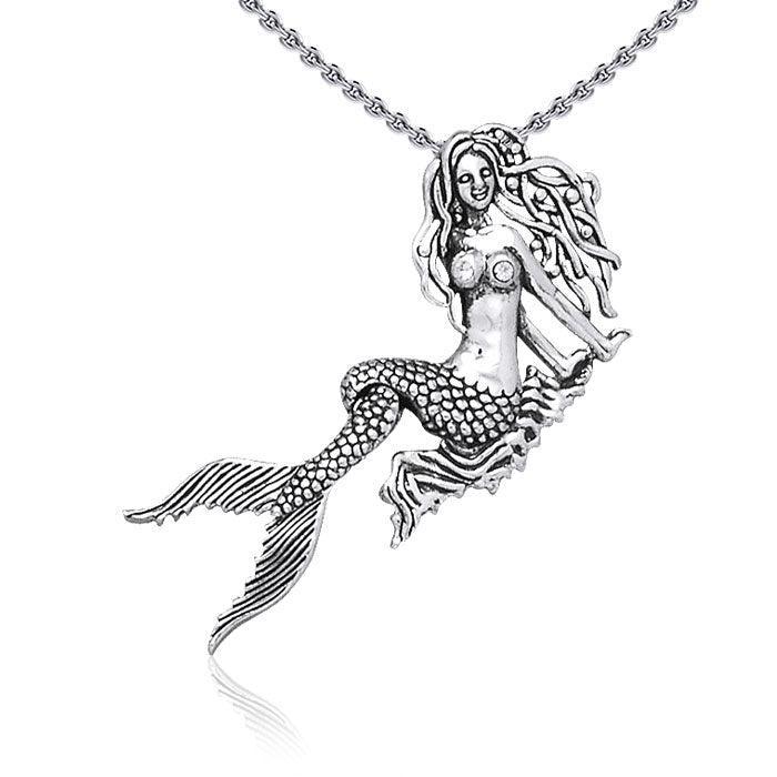 Movable Mermaid Silver Pendant with Gemstone And Chain Set TSE748 - peterstone.dropshipping