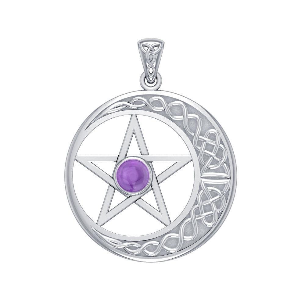 14K White Gold Celtic Crescent moon with Pentacle Pendant WTP474