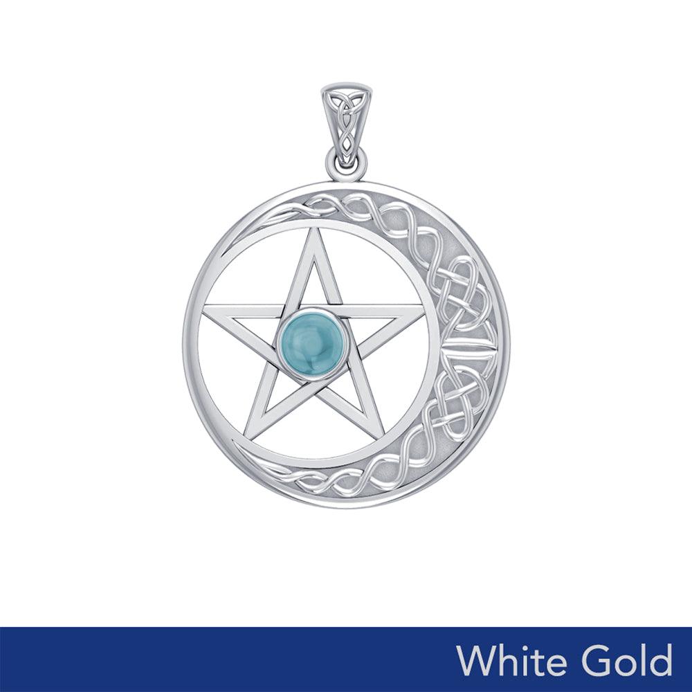 14K White Gold Celtic Crescent moon with Pentacle Pendant WTP474