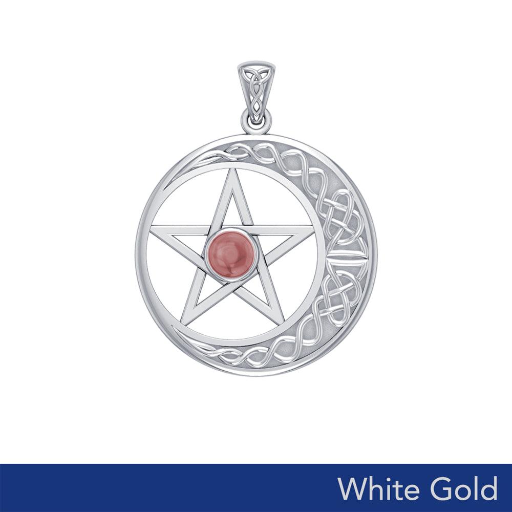 14K White Gold Celtic Crescent moon with Pentacle Pendant WTP474