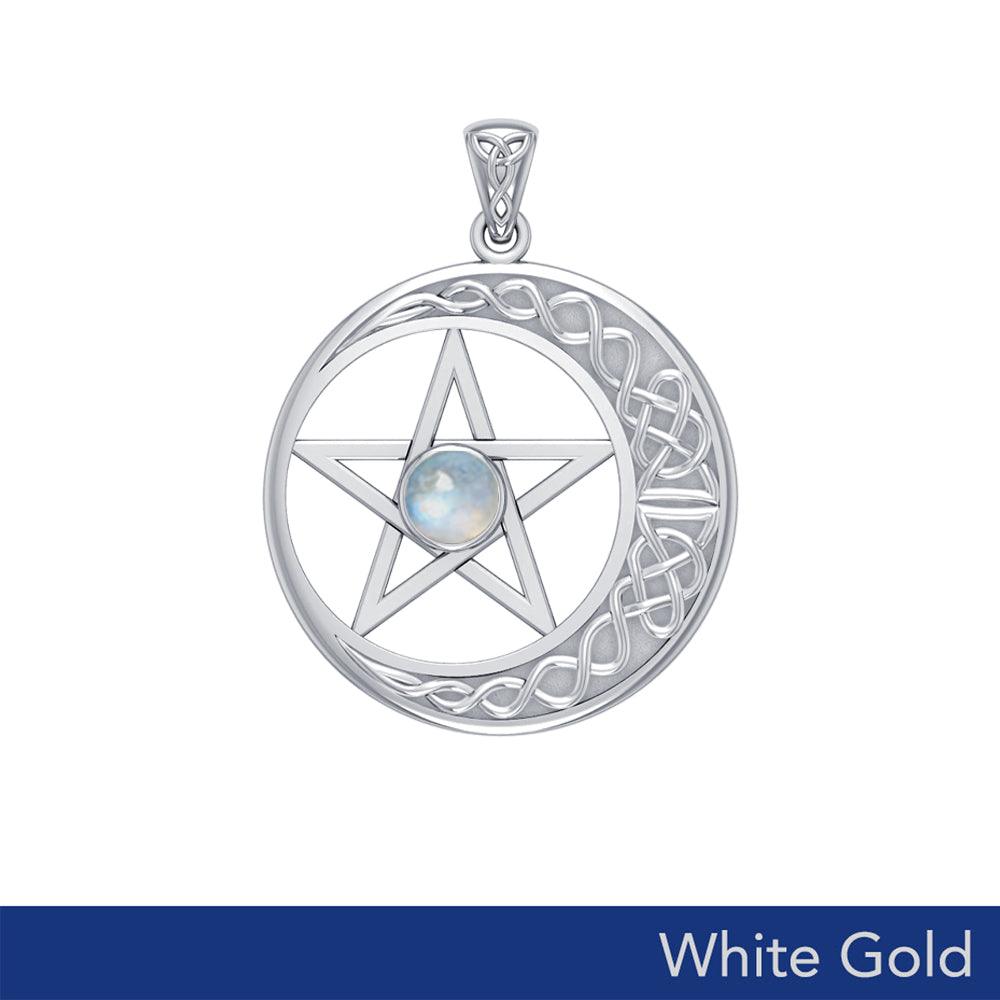 14K White Gold Celtic Crescent moon with Pentacle Pendant WTP474