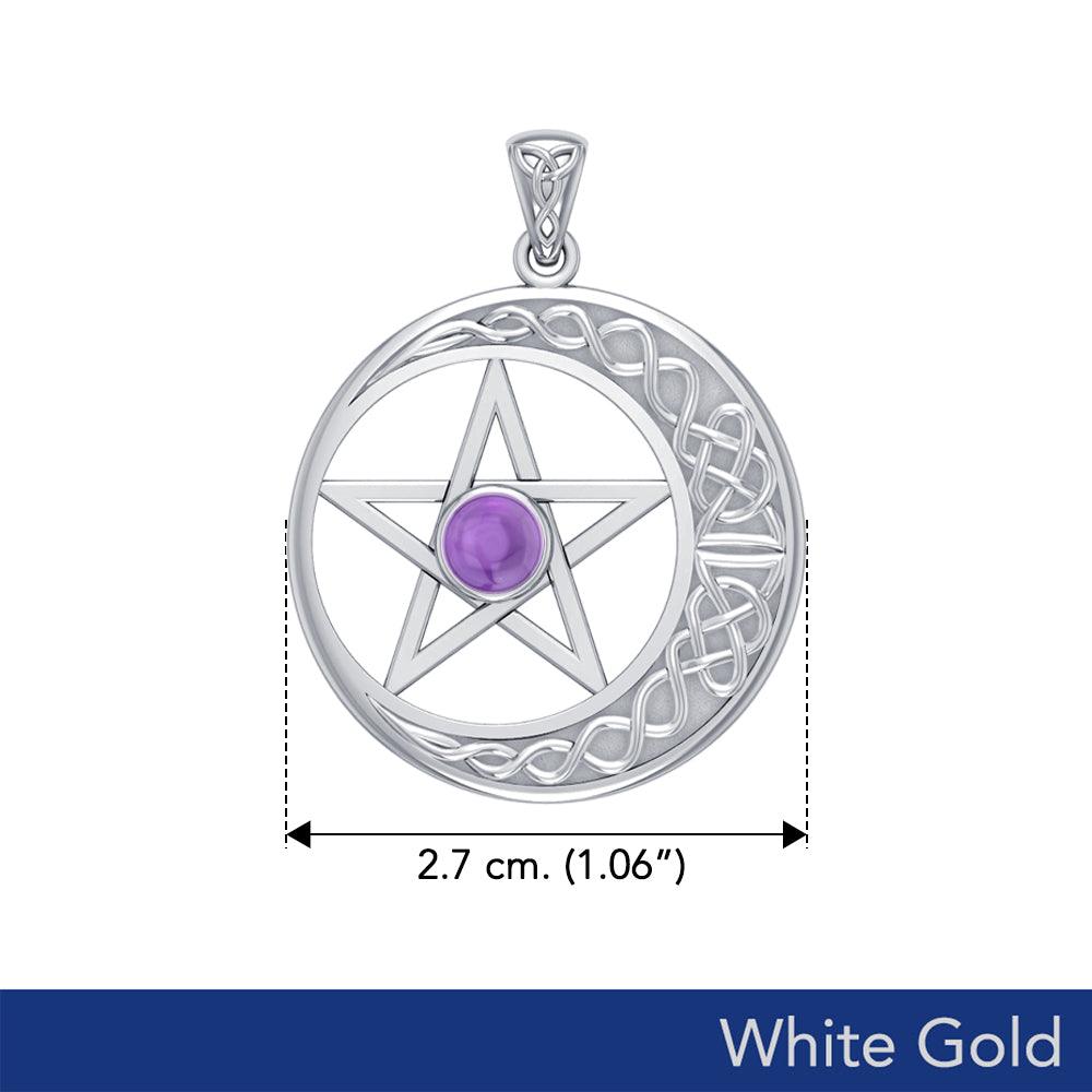 14K White Gold Celtic Crescent moon with Pentacle Pendant WTP474