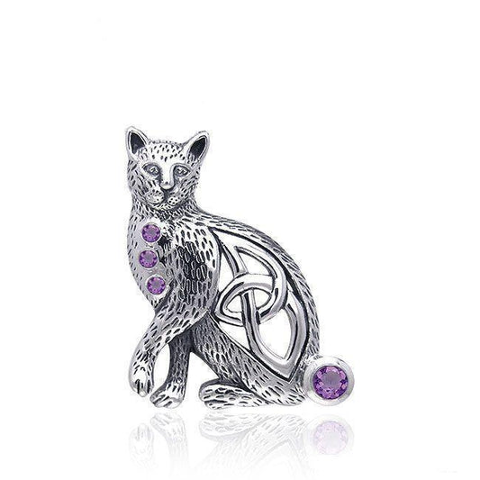 A regal mystery ~ Celtic Knotwork Cat Sterling Silver Pendant with Gemstones TPD332 - peterstone.dropshipping